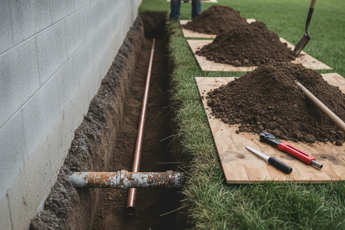 Excavated water line trench during Water Softener Installation in Greens Fork
